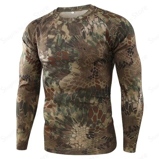 Hiking - เสื้อยืดแขนยาวลายพรางสำหรับผู้ชาย สไตล์ทหาร ยุทธวิธี สำหรับกิจกรรมกลางแจ้ง ล่าสัตว์ เดินป่า