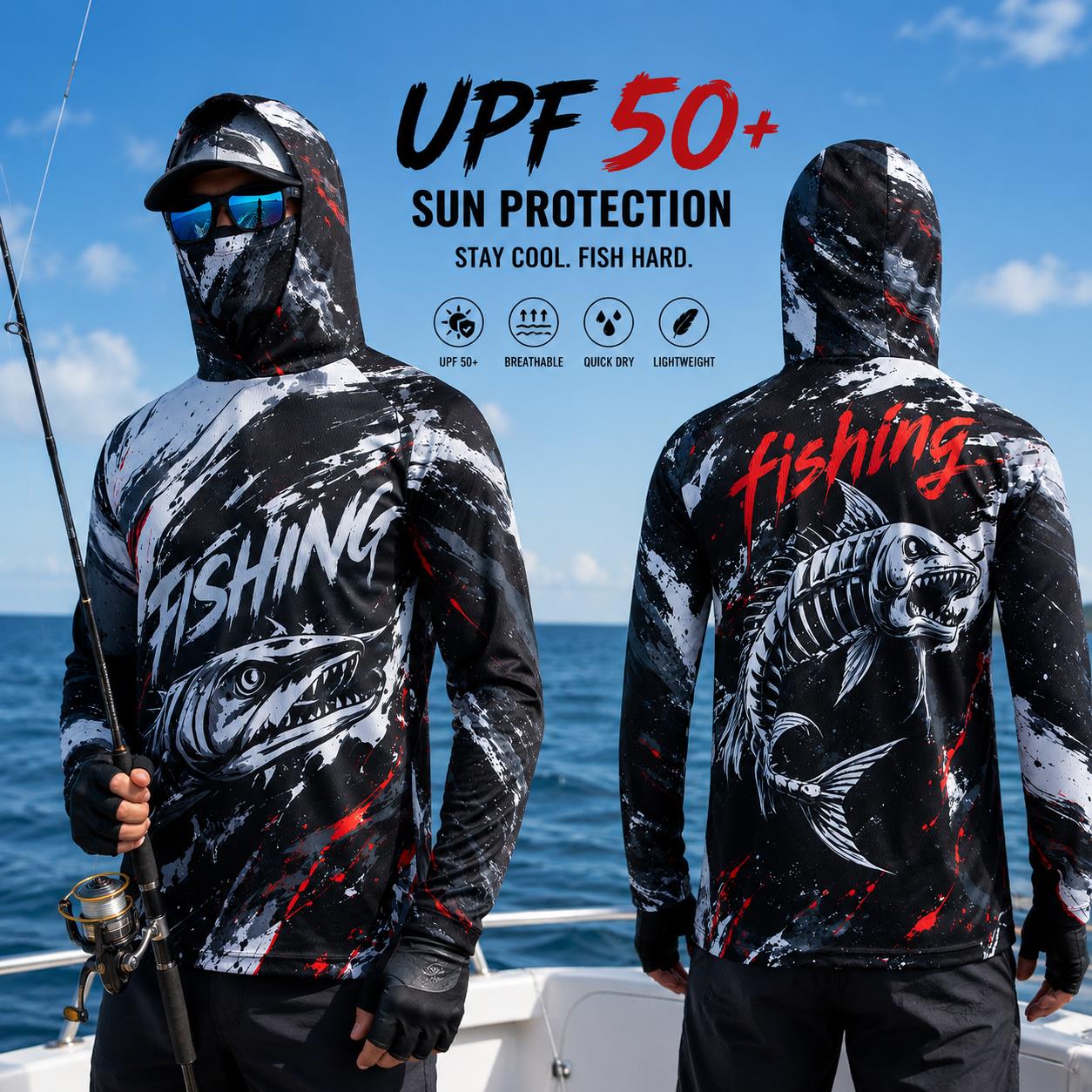 Fishing - เสื้อฮู้ดตกปลาผู้ชายแห้งเร็ว ระบายอากาศได้ดี ลายปลาเบสไล่เฉดสี ป้องกันแสงยูวี แขนยาว เสื้อผ้าสำหรับกีฬากลางแจ้งและตกปลา